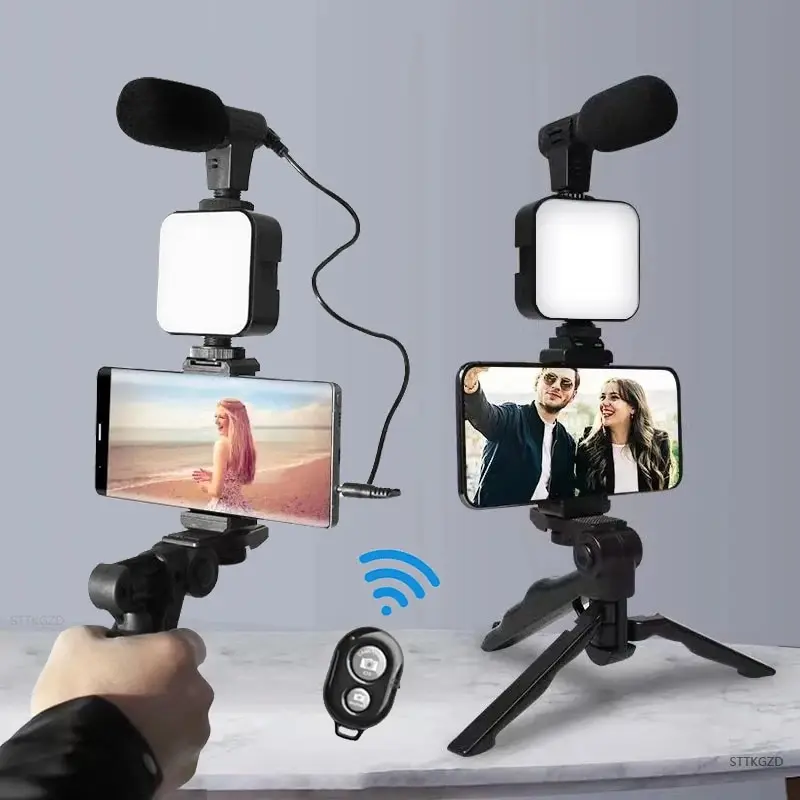 Smartphone-Vlogging-Kit-With-Tripod-Phone-Holder-Mini-Microphone-LED-Fill-L